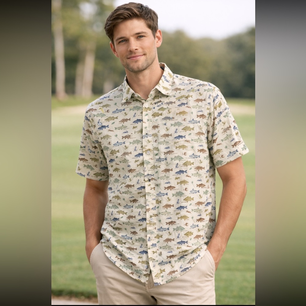 Southern Lure Men’s Medium Fish Print Short Sleeved Shirt NWT